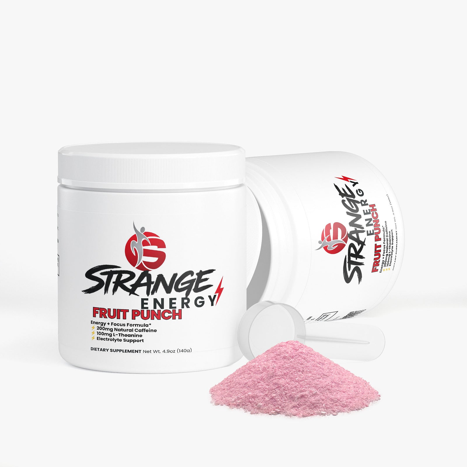 Two Strange Energy fruit punch tubs with a clear scoop and a pile of pink powder