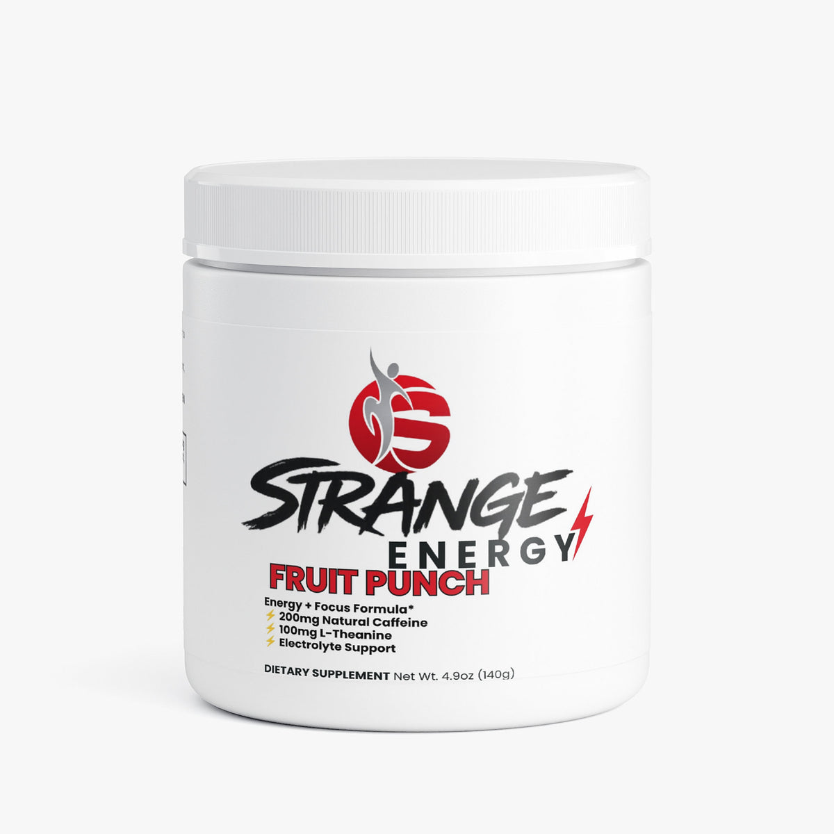 Strange Energy fruit punch tub, front label showing 200mg natural caffeine, 100mg L-theanine and electrolyte support