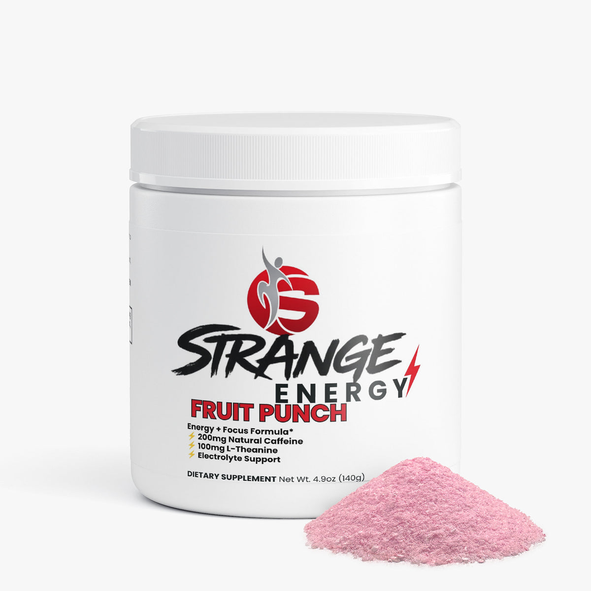 Strange Energy fruit punch tub beside a pile of pink energy drink powder