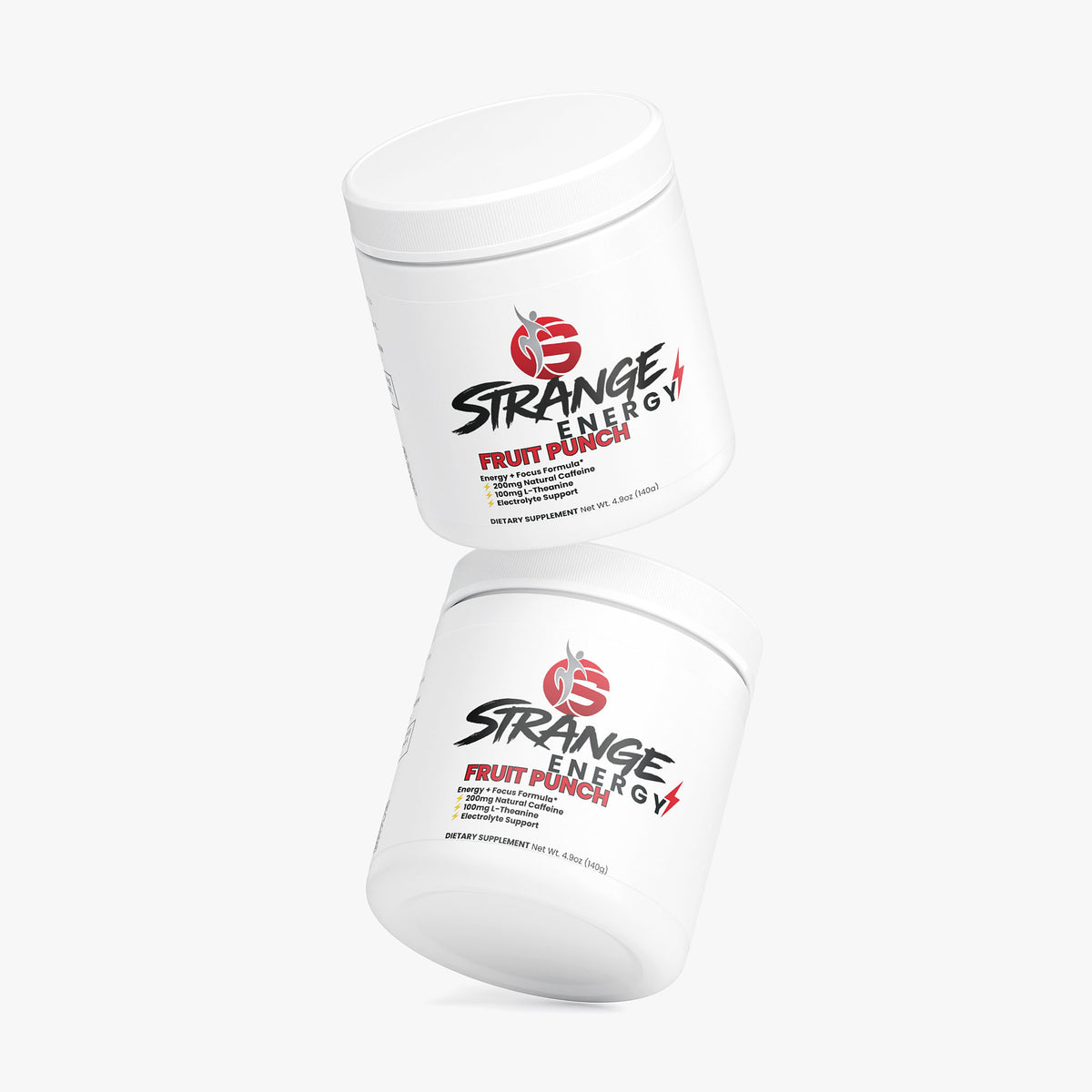Two Strange Energy fruit punch tubs, one upright and one resting on its side