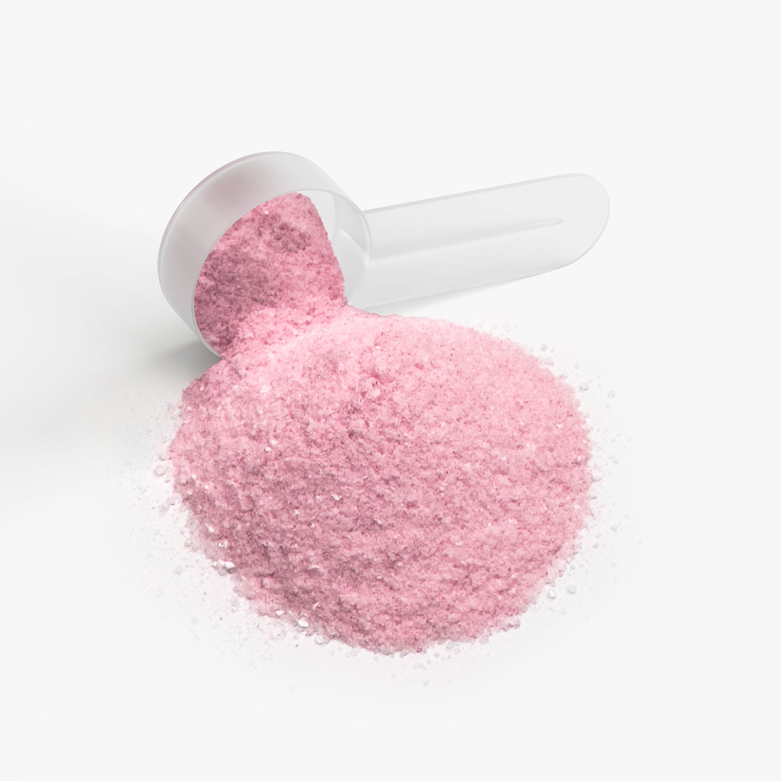 Close-up of pink Strange Energy fruit punch powder with a white measuring scoop