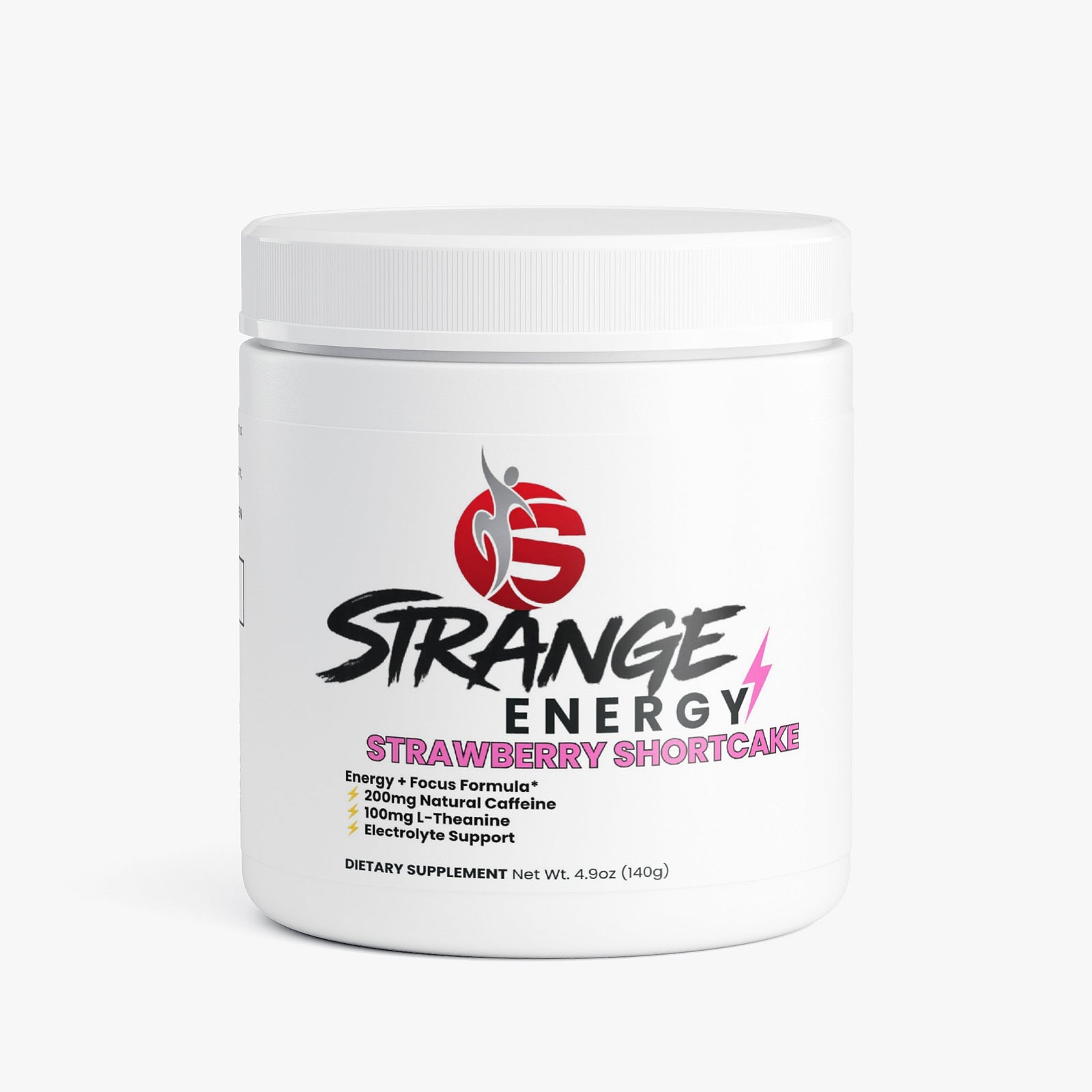 Strange Energy Powder, strawberry shortcake flavour, sugar-free pre workout powder
