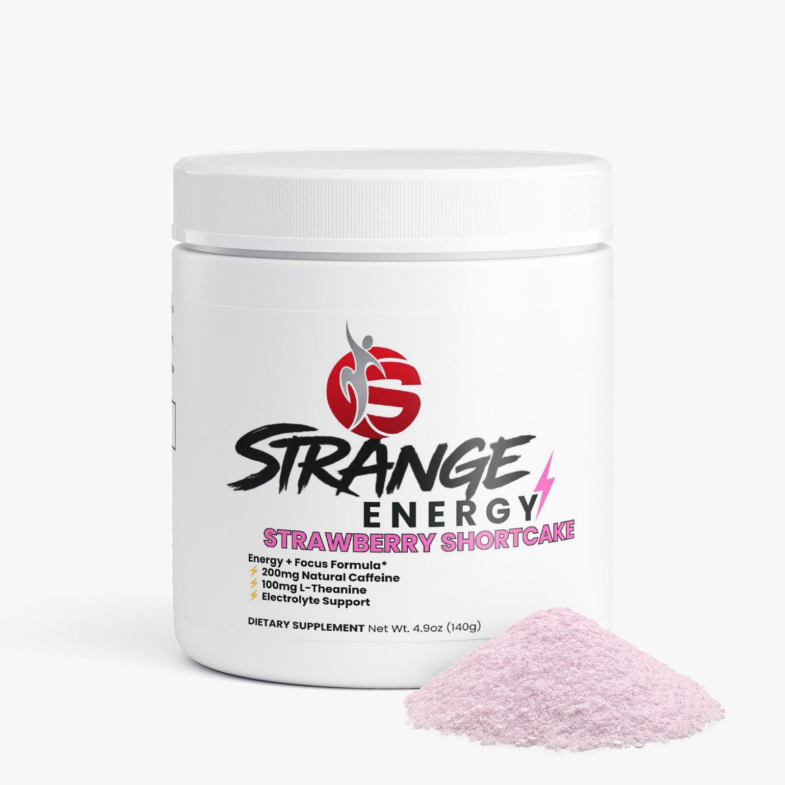 Strange Energy Powder, strawberry shortcake flavour, sugar-free pre workout powder
