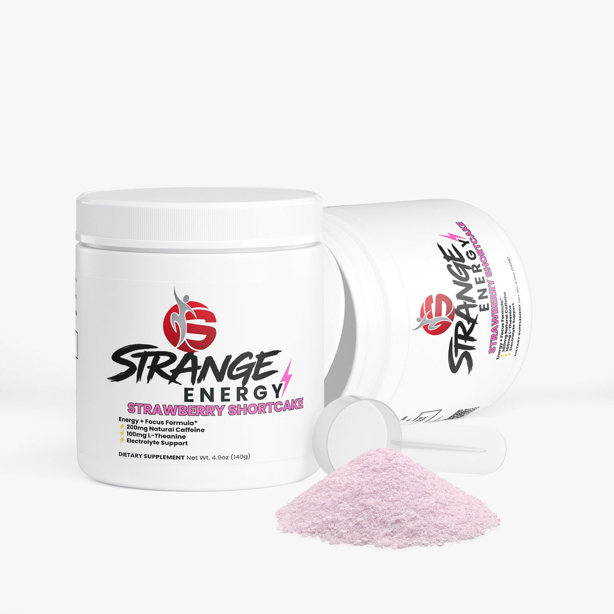 Strange Energy Powder, strawberry shortcake flavour, sugar-free pre workout powder