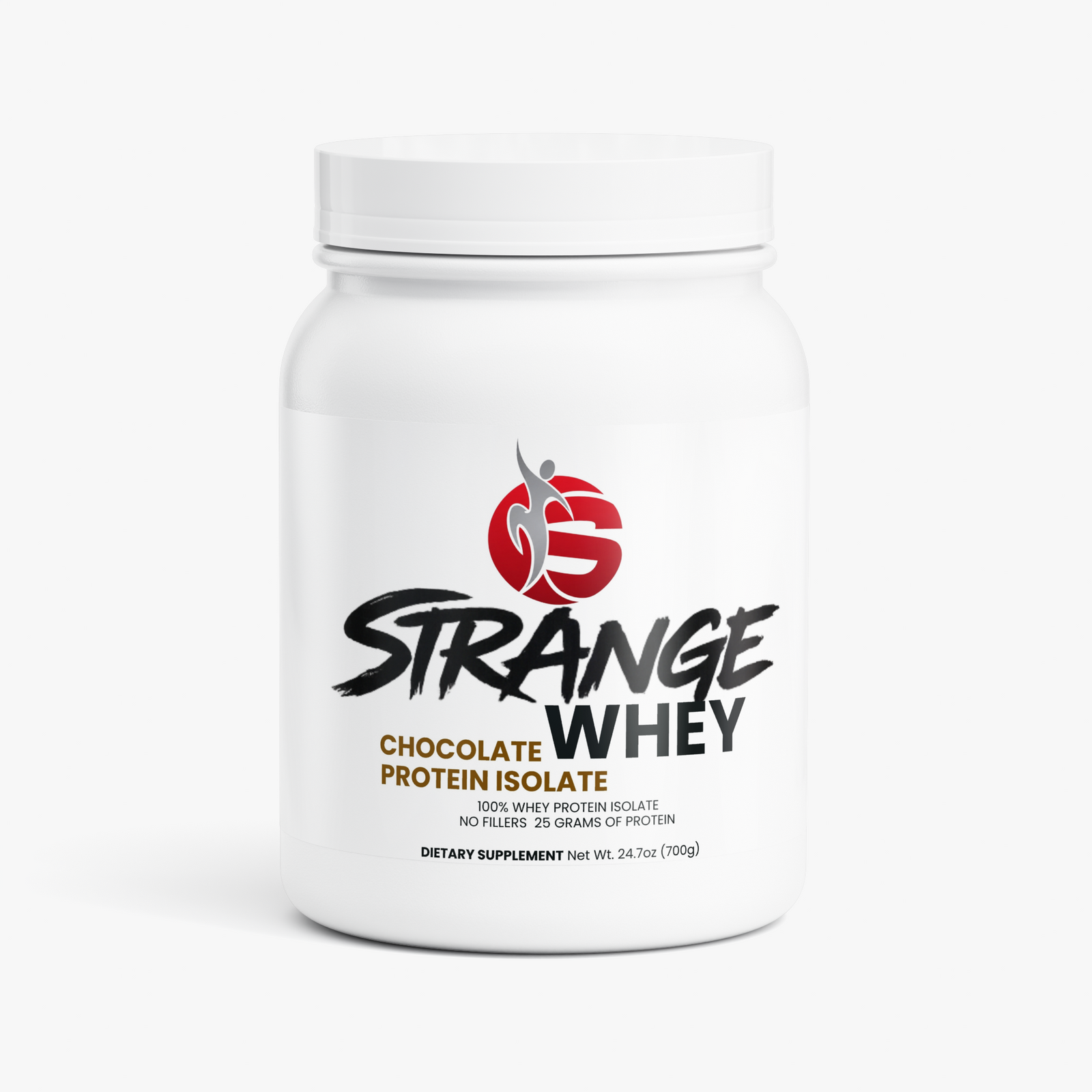 Strange Whey chocolate protein isolate tub, 700g, front label