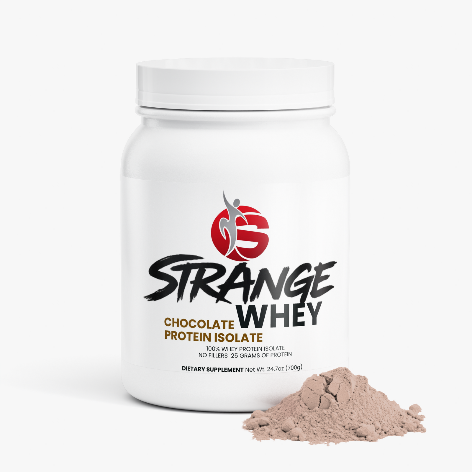 Strange Whey chocolate protein isolate tub beside a pile of chocolate protein powder