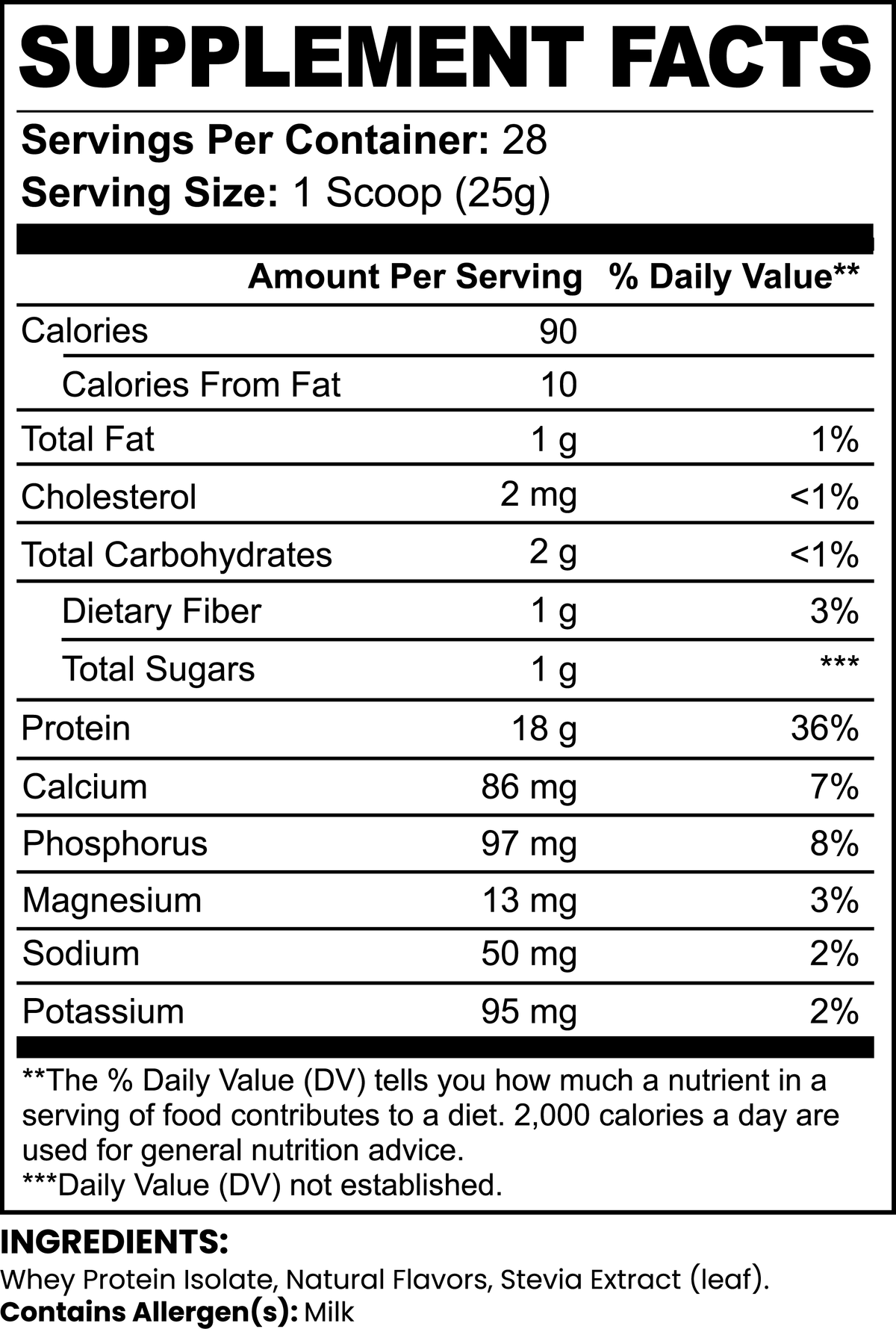 Strange Whey chocolate protein isolate supplement facts panel: 18g protein, 90 calories, 2g carbohydrate per 25g scoop, 28 servings
