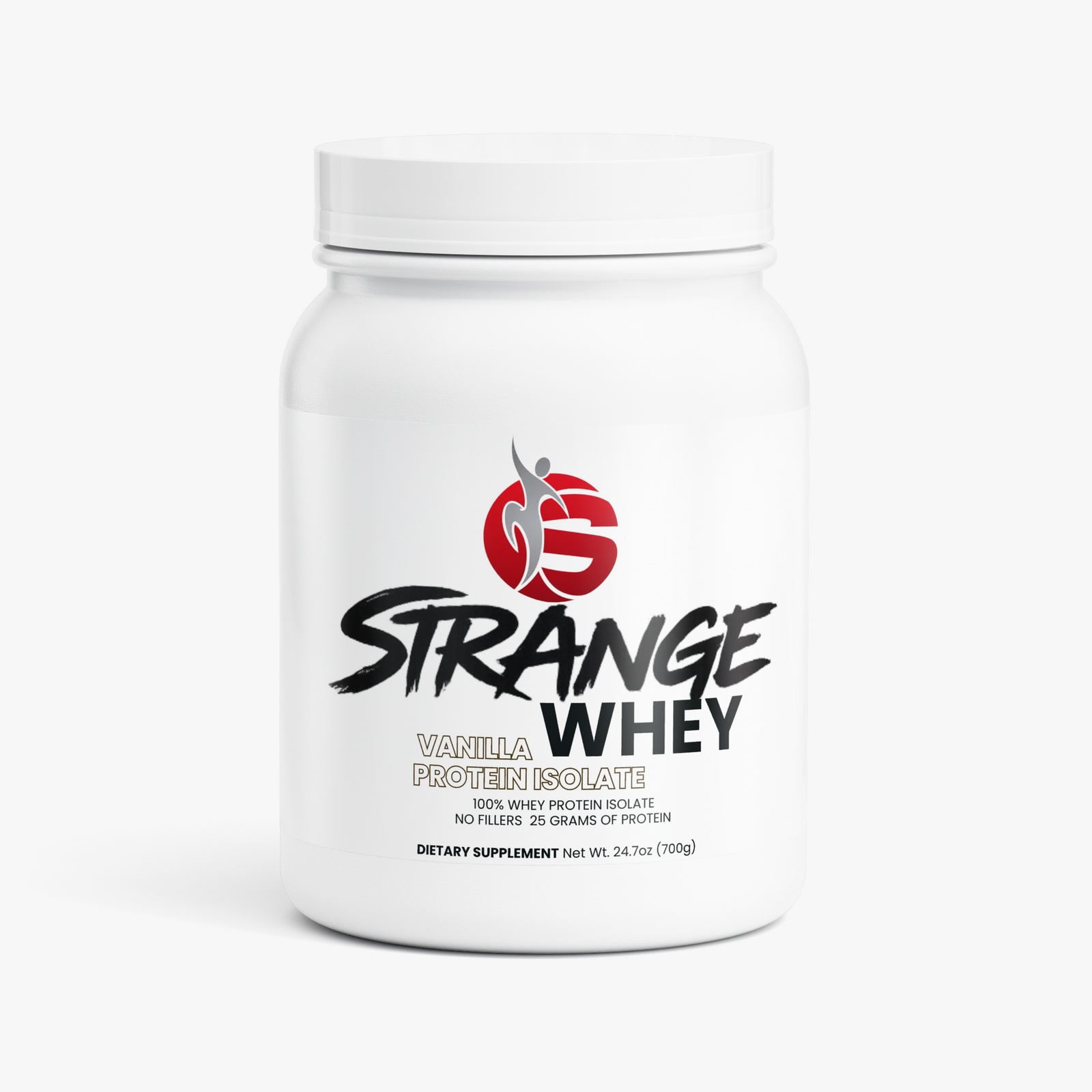 Strange Whey vanilla protein isolate tub, 700g, front label
