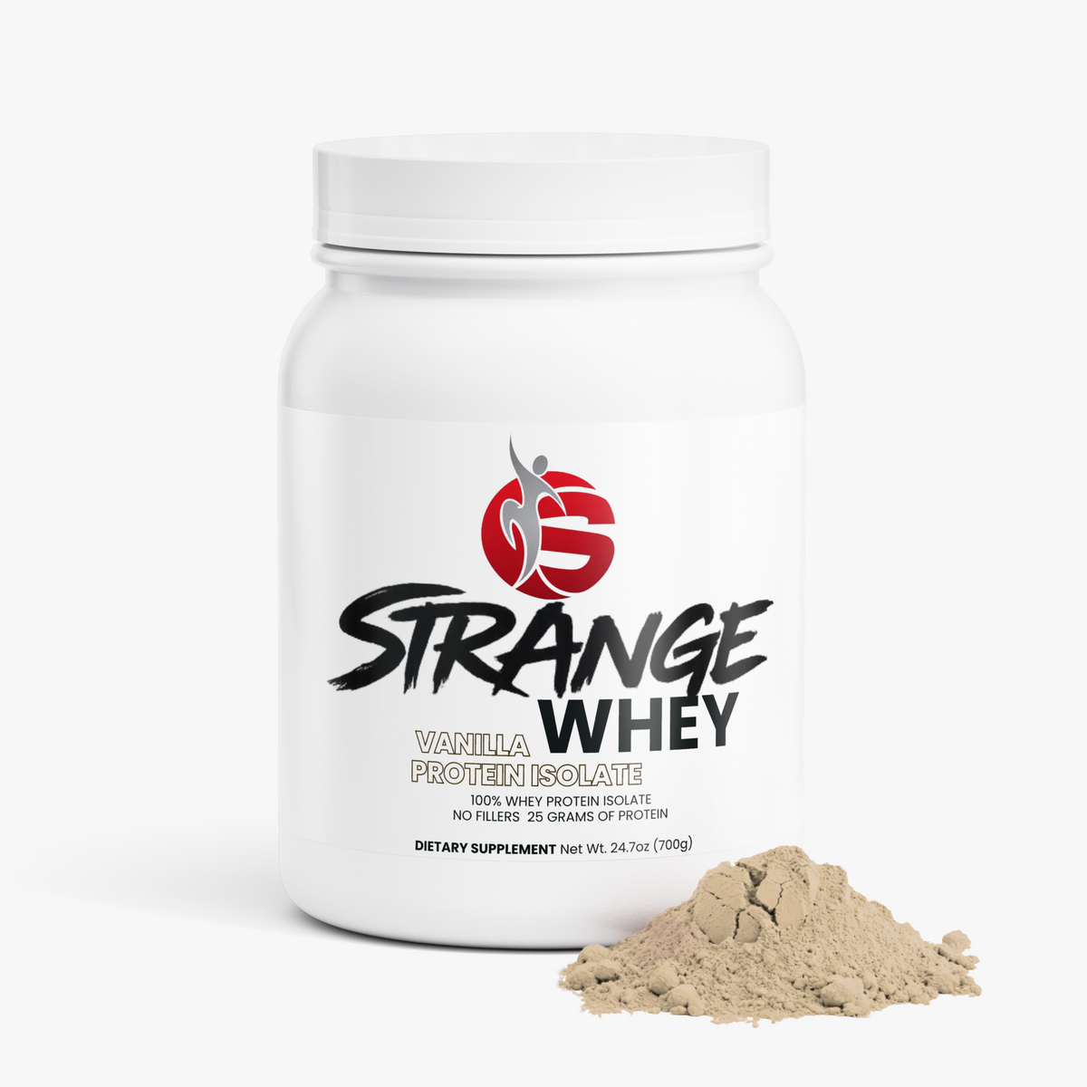 Strange Whey vanilla protein isolate tub beside a pile of vanilla protein powder