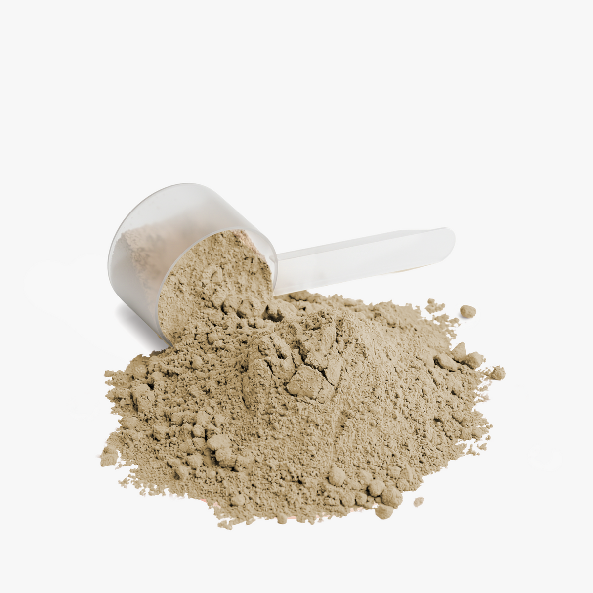 Scoop of Strange Whey vanilla protein isolate powder tipped onto a white surface