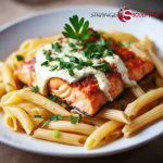 Protein-packed penne pasta topped with a baked salmon fillet and creamy dill sauce, garnished with chopped parsley