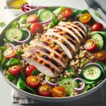 A bowl of grilled chicken and quinoa salad featuring sliced chicken breast atop a bed of quinoa, mixed greens, cherry tomatoes, cucumber slices, and red onion rings, drizzled with a lemony dressing