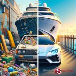 An image depicting a stark contrast between an old, neglected Toyota Corolla in a junkyard and an exotic luxury yacht in pristine condition. The car represents poor health habits, while the yacht symbolizes a well-cared-for body through proper nutrition and exercise.