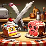 Cartoon piece of cake and a rare steak sword fighting on a kitchen table.